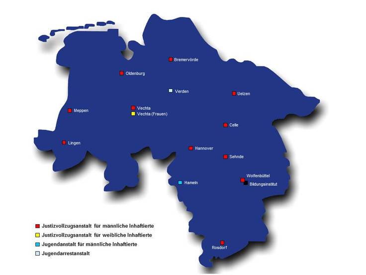 Übersichtskarte niedersächsische Justizvollzugsanstalten